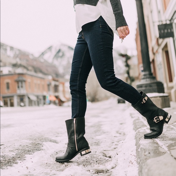 Gold Biker Chic Leather Moto Boots 